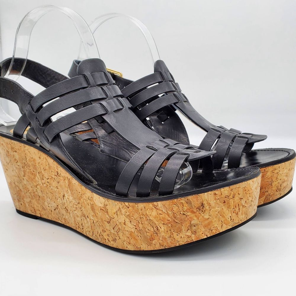 Tory Burch Leslie Black Strappy Cork Wedge Sandals